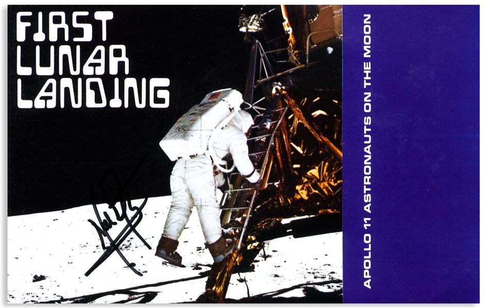 Neil Armstrong Signed ''First Lunar Landing'' Booklet -- With Steve Zarelli Space Authentication COA